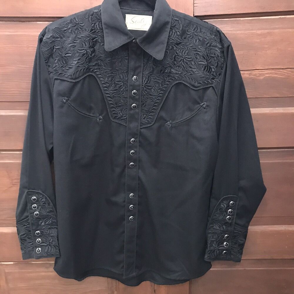 Scully Gunfighter Shirt Mens S Pearl Snap Black Embroidered Yoke Western Gothic